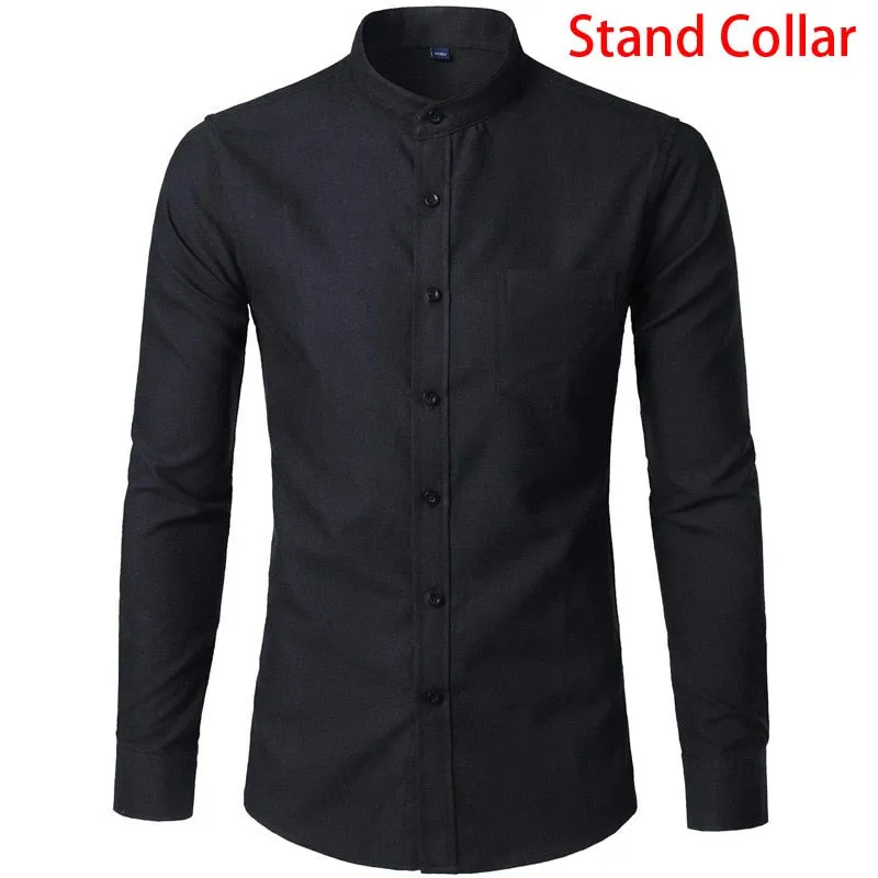 Men's Casual Solid Oxford Cotton Stand Collar Slim Fit Long Sleeve Shirt