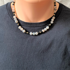 Mens Clear Quartz and Black  Onyx Gold Beaded Necklace