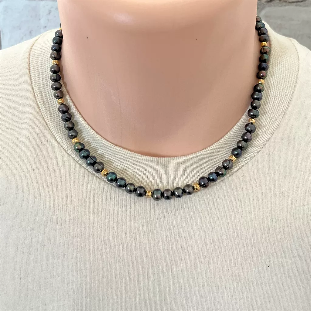 Mens Dark Peacock Potato Pearl Beaded Necklace