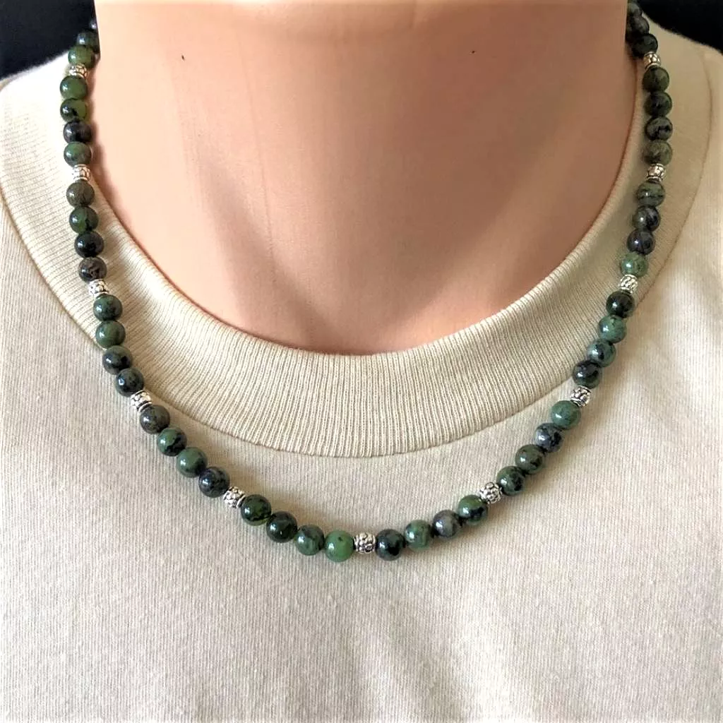 Mens Dendritic Green Jade Beaded Necklace