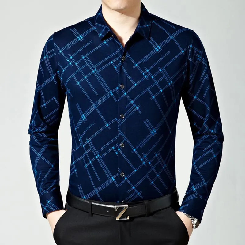 Men's Fashion Plaid Pattern Casual Business Slim Fit Long Sleeve Shirt