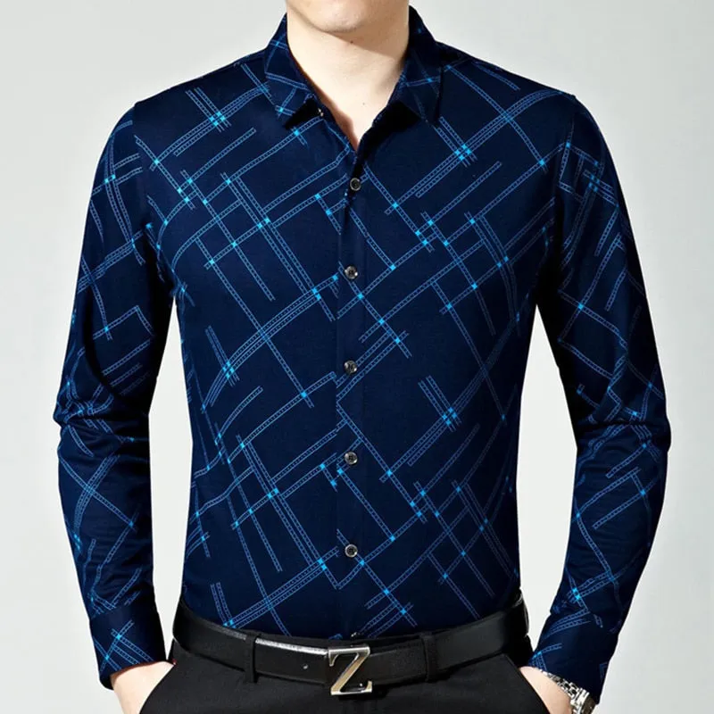 Men's Fashion Plaid Pattern Casual Business Slim Fit Long Sleeve Shirt