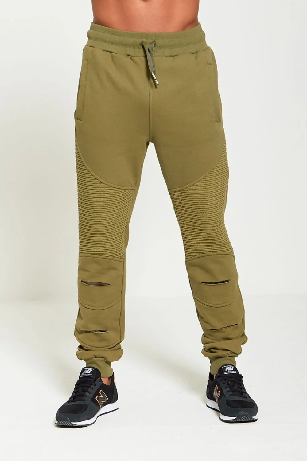 Mens Green Ribbed Leg Ripped Chin Jogging Bottoms