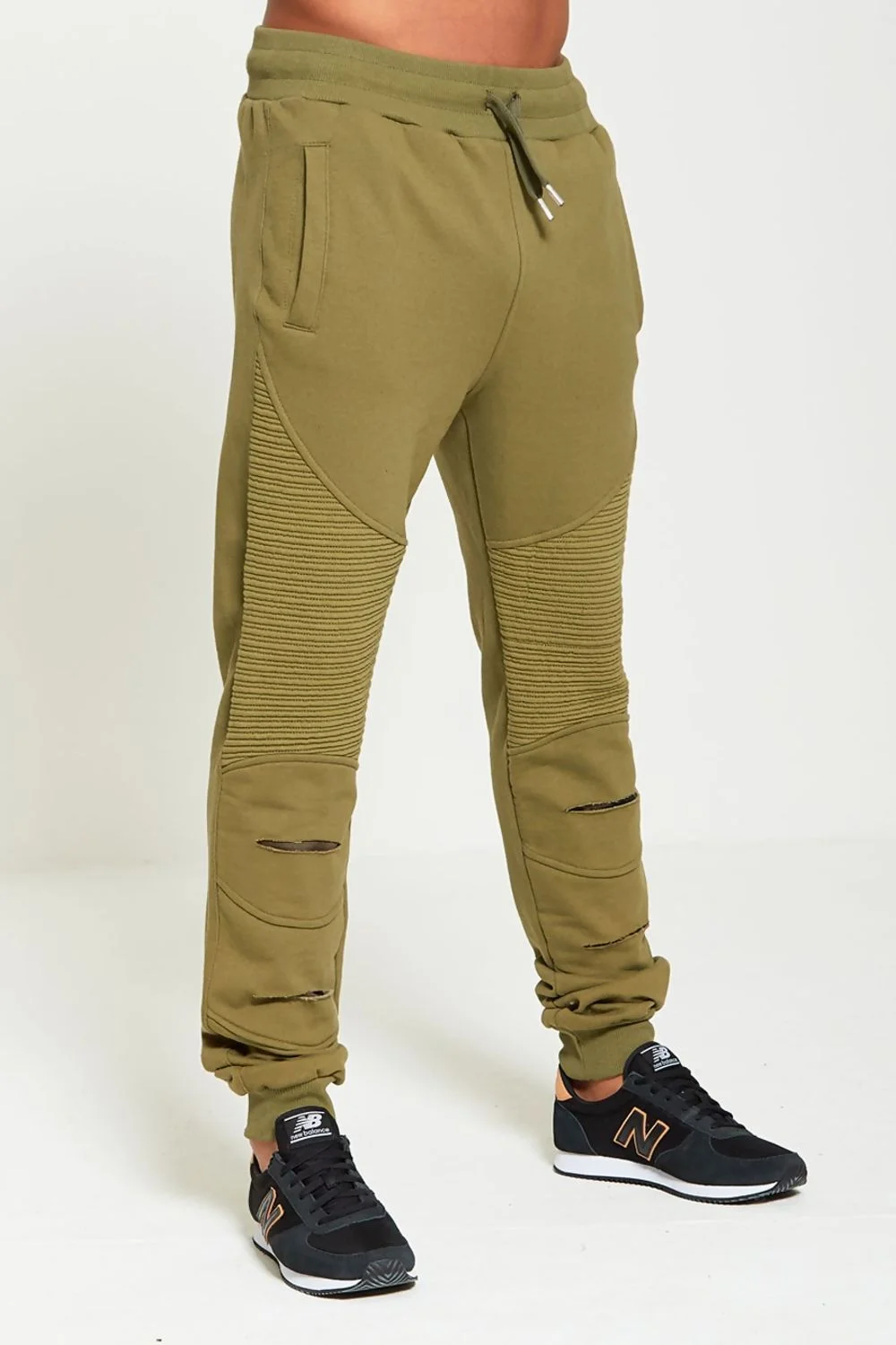 Mens Green Ribbed Leg Ripped Chin Jogging Bottoms