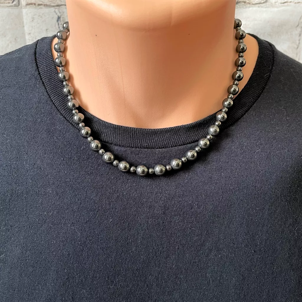 Mens Hematite 8mm and 4mm Beaded Necklace