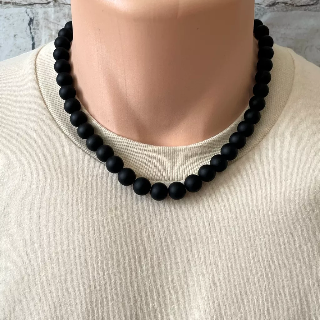 Mens Matte Black Onyx 10mm Beaded Necklace