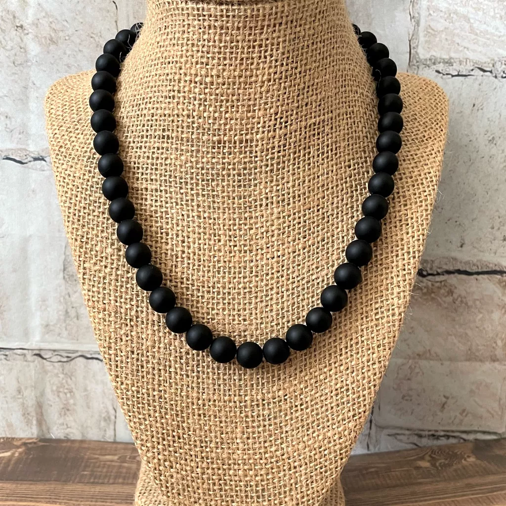 Mens Matte Black Onyx 10mm Beaded Necklace