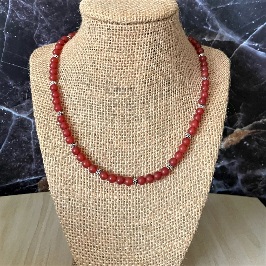 Mens Matte Carnelian and Silver Beaded Necklace