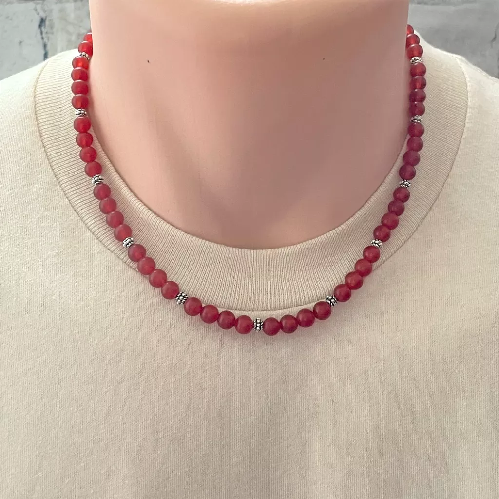 Mens Matte Carnelian and Silver Beaded Necklace