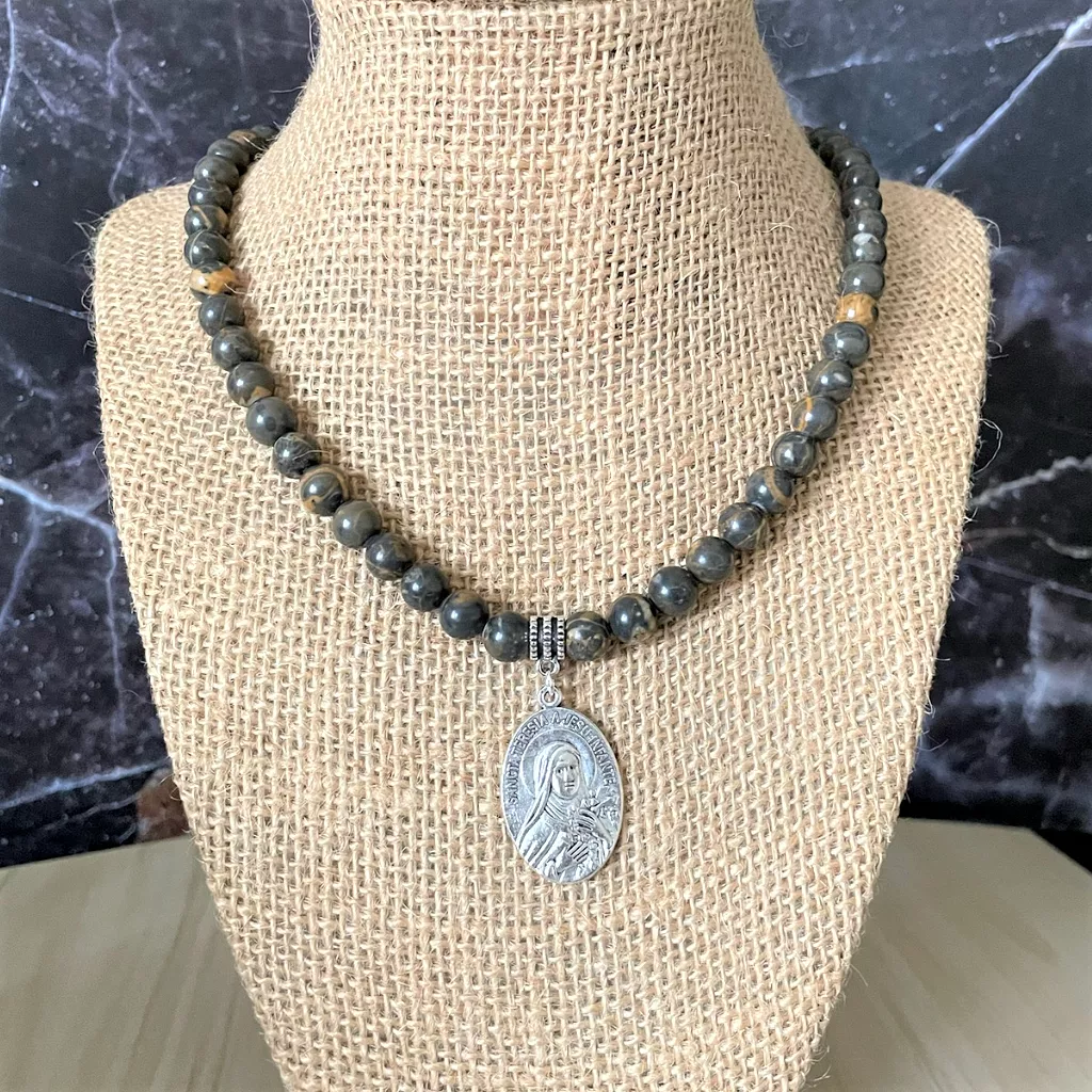 Mens Rhyolite and Saint Teresa Beaded Necklace