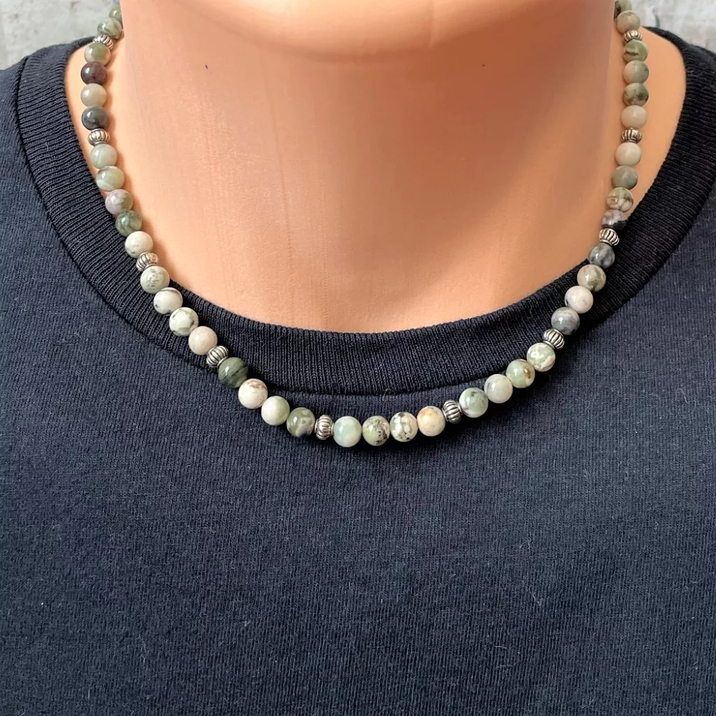 Mens Tree Agate and Silver Beaded Necklace