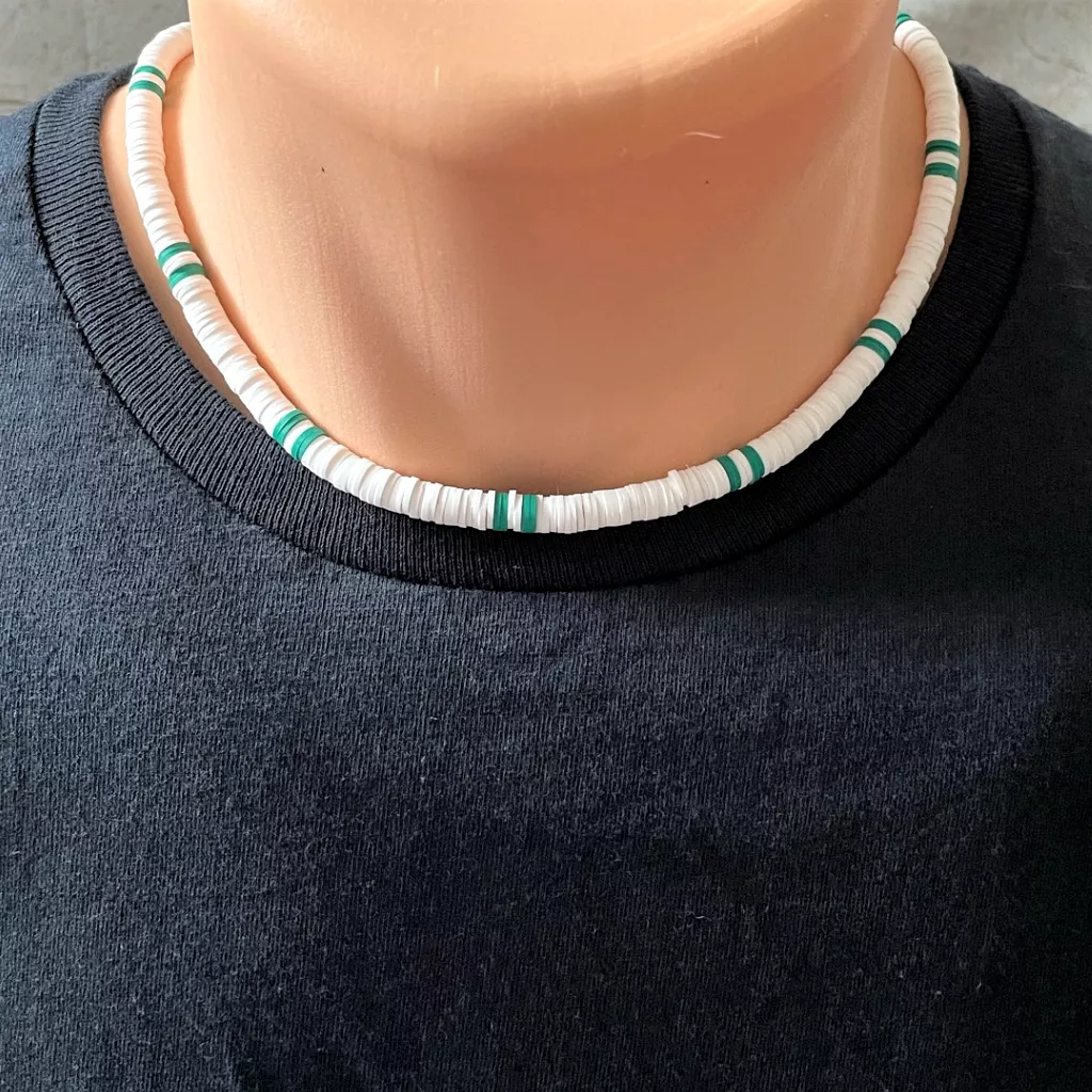 Mens White and Green Polymer Beaded Necklace