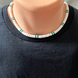 Mens White and Green Polymer Beaded Necklace