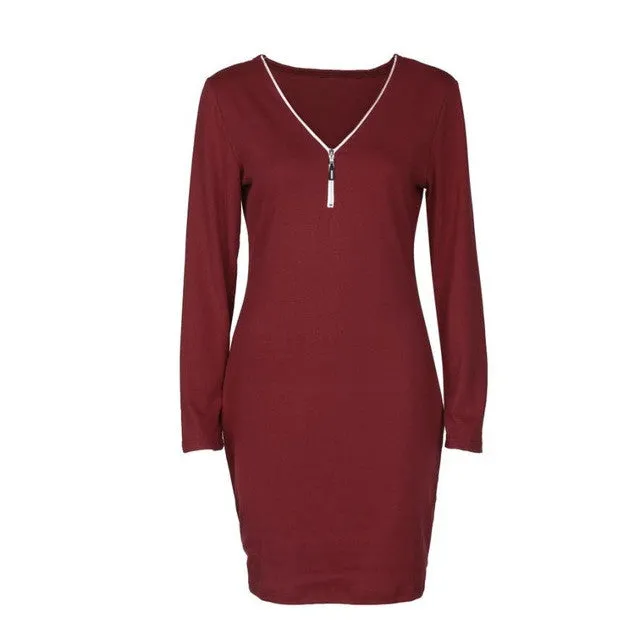 mokingtop Sexy V-Neck Women Dress Long Sleeve Zipper Slim Bodycon Dress Autumn Ladies Party Dress Vestidos Curtos#A11 SM6