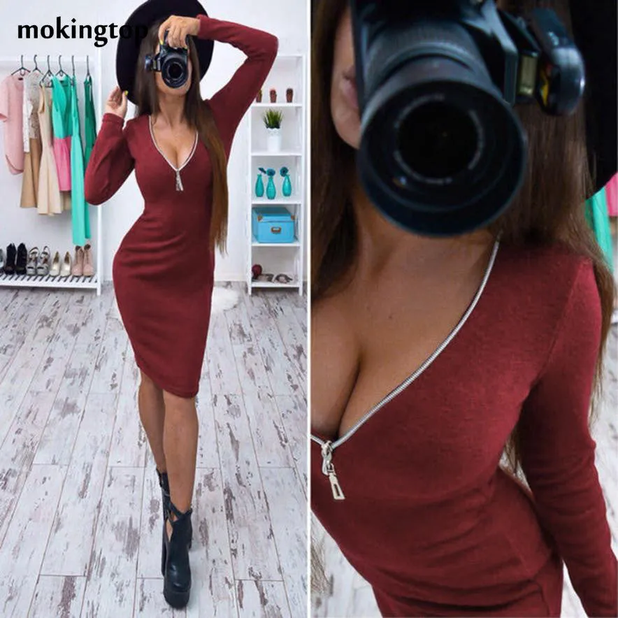 mokingtop Sexy V-Neck Women Dress Long Sleeve Zipper Slim Bodycon Dress Autumn Ladies Party Dress Vestidos Curtos#A11 SM6