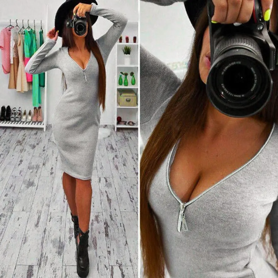 mokingtop Sexy V-Neck Women Dress Long Sleeve Zipper Slim Bodycon Dress Autumn Ladies Party Dress Vestidos Curtos#A11 SM6