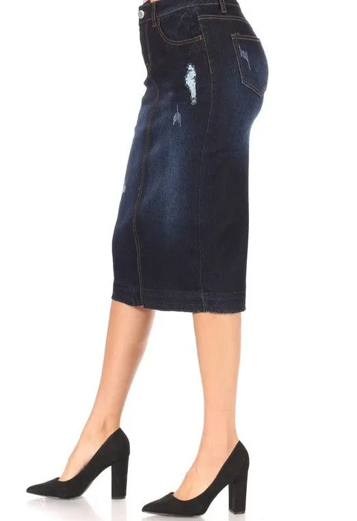 Molly Indigo Wash Jean Skirt- Ripped Effect