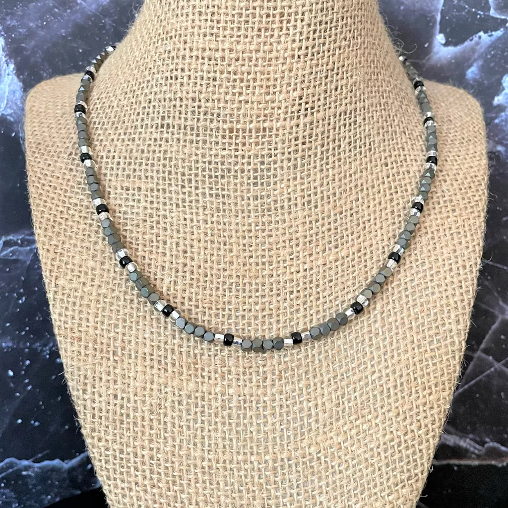 Mushroom Matte Hexcut Hematite and Black Toho Beaded Necklace