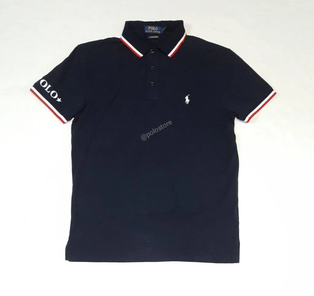 Nwt Polo Ralph Lauren Navy Spell Out On Sleeve & Collar Custom Slim Fit Polo