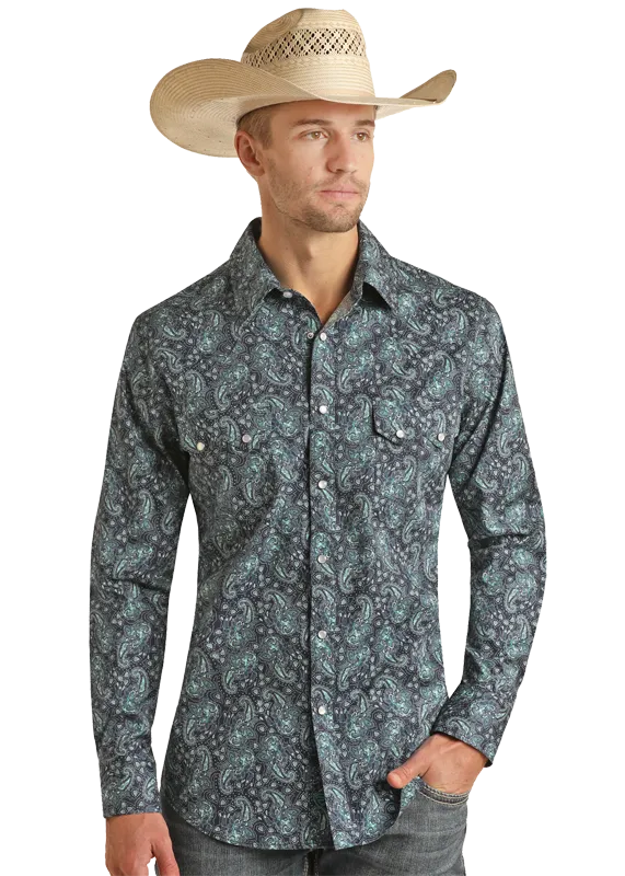 Panhandle Slim Men's Rock N Roll Paisley Print Long Sleeve Snap Front Western Shirt