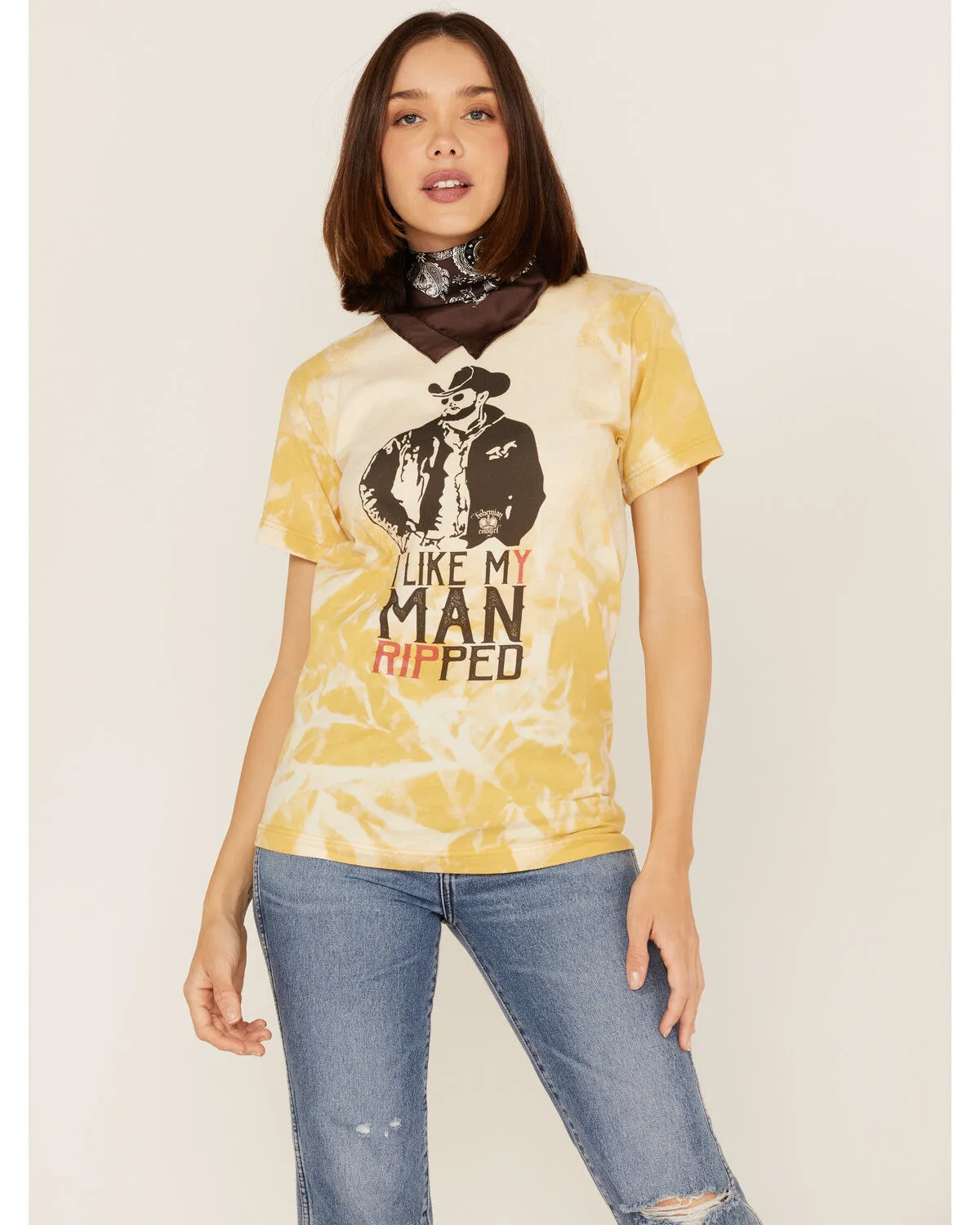 Product Name:  Bohemian Cowgirl Women's Like My Man Ripped Graphic Bleach Spray Tee