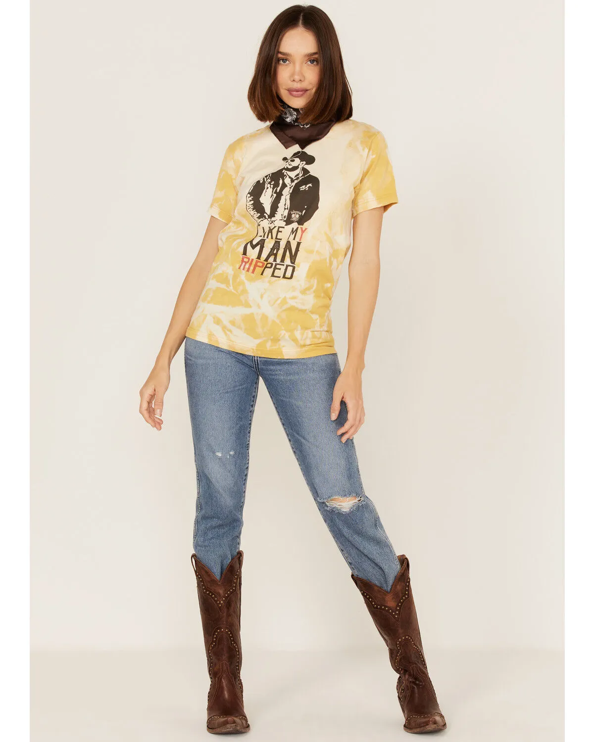 Product Name:  Bohemian Cowgirl Women's Like My Man Ripped Graphic Bleach Spray Tee