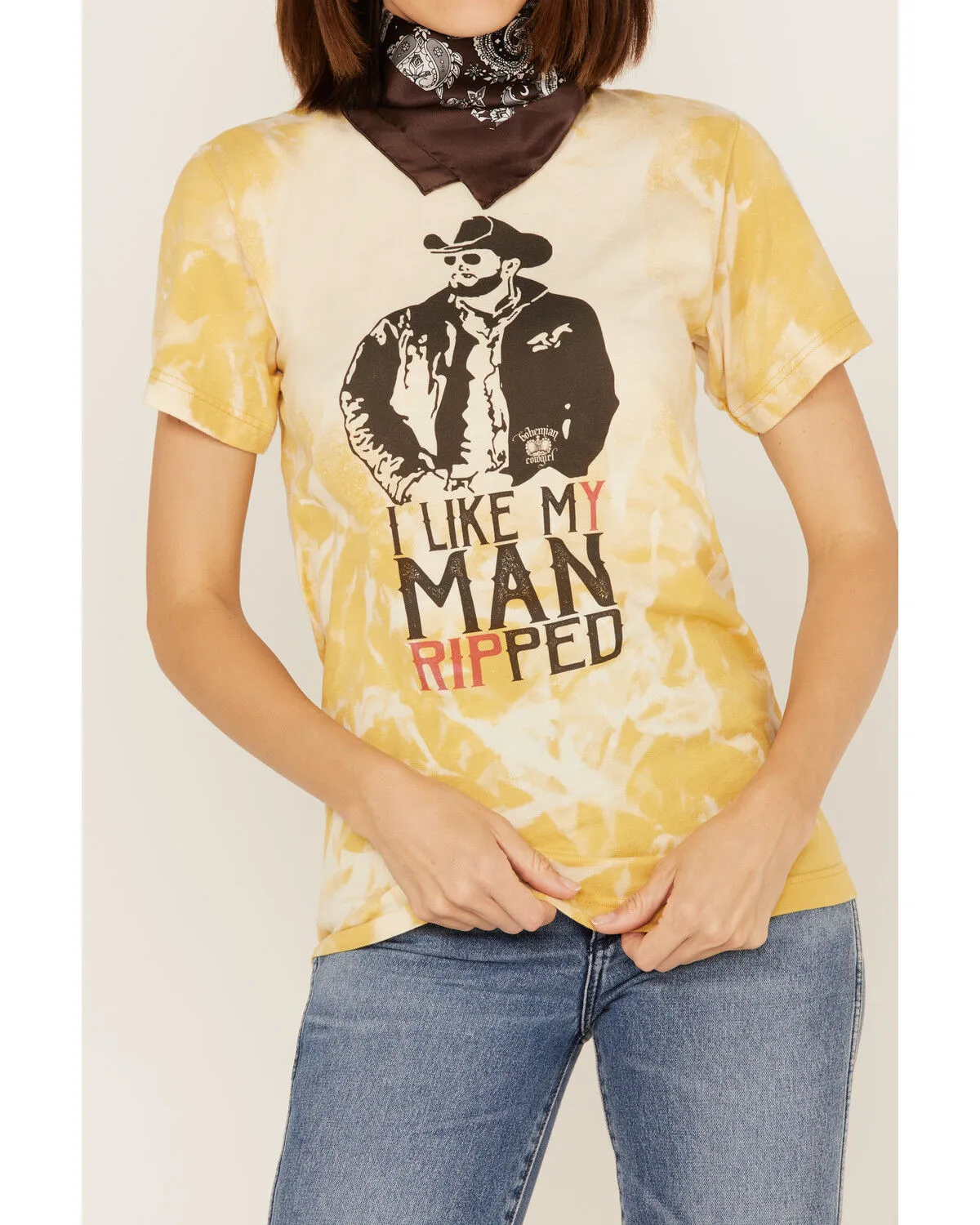 Product Name:  Bohemian Cowgirl Women's Like My Man Ripped Graphic Bleach Spray Tee