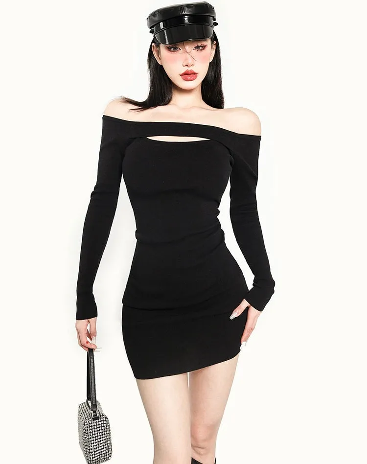 Regina Solid Color Off The Shoulder Long Sleeve Slim Cut Out Band Mini Dress