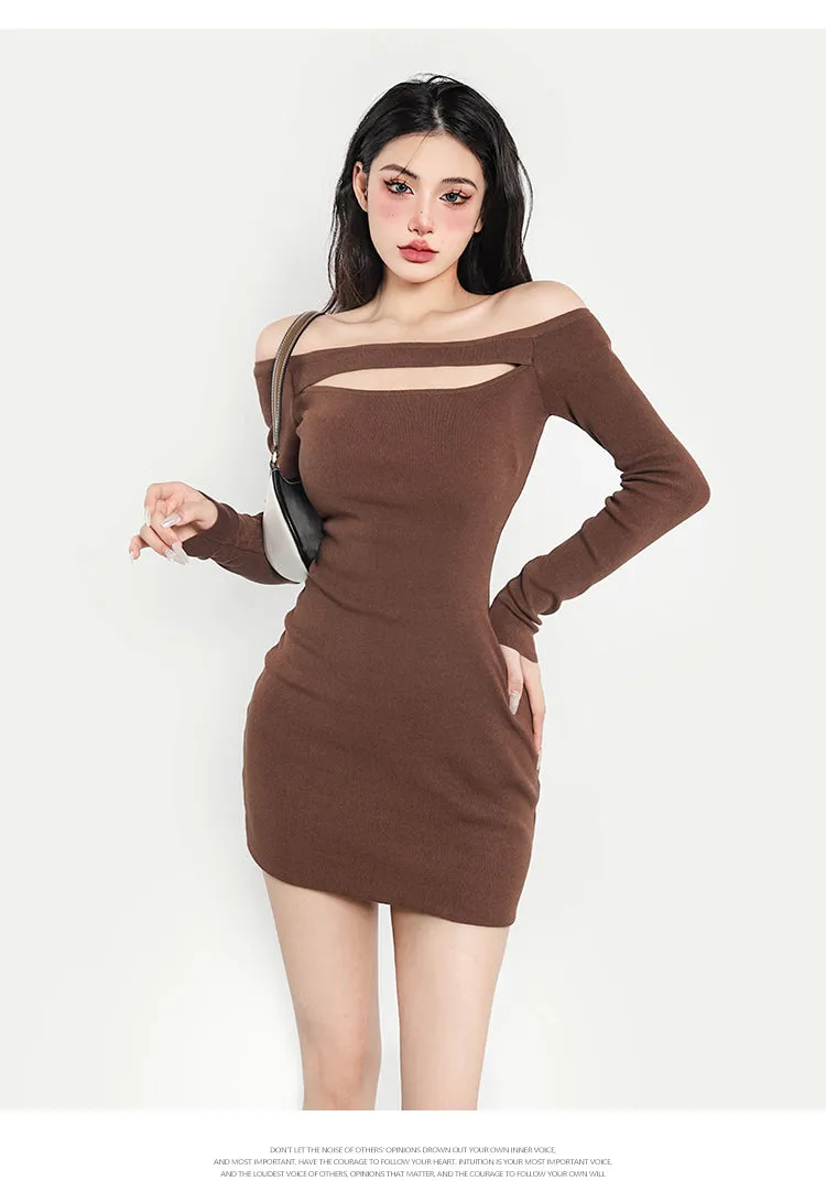 Regina Solid Color Off The Shoulder Long Sleeve Slim Cut Out Band Mini Dress