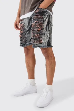 Relaxed Rigid Extreme Ripped Denim Short In Charcoal | boohooMAN UK