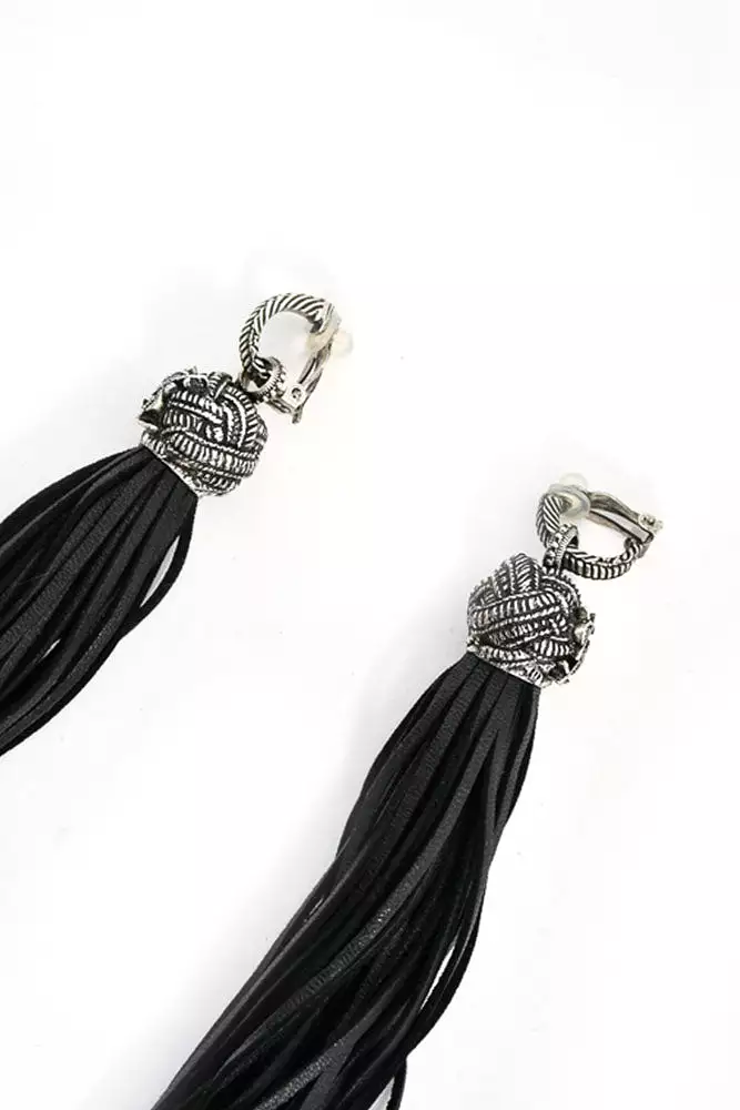 Saint Laurent Black Leather LouLou Tassel Clip-On Earrings