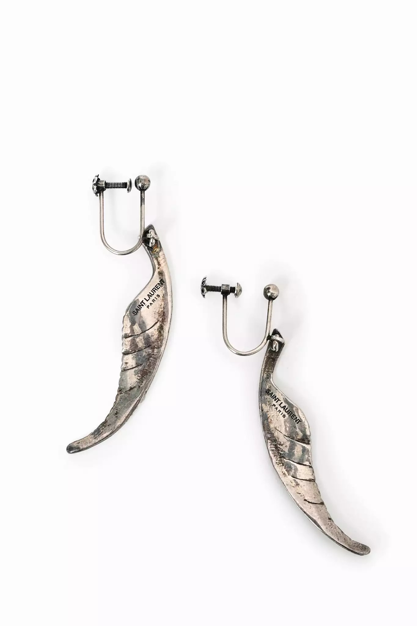 Saint Laurent Silver Toned Feather Clip On Earrings