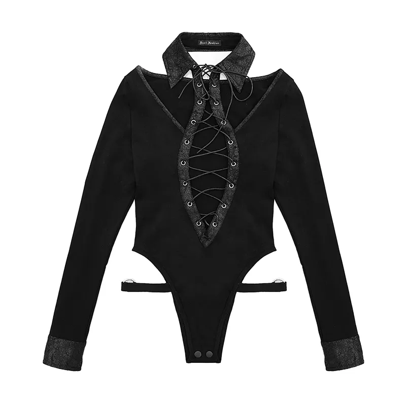 Sexy Lace up Jumpsuit with Collar / Women's Punk Long Sleeves Rompers