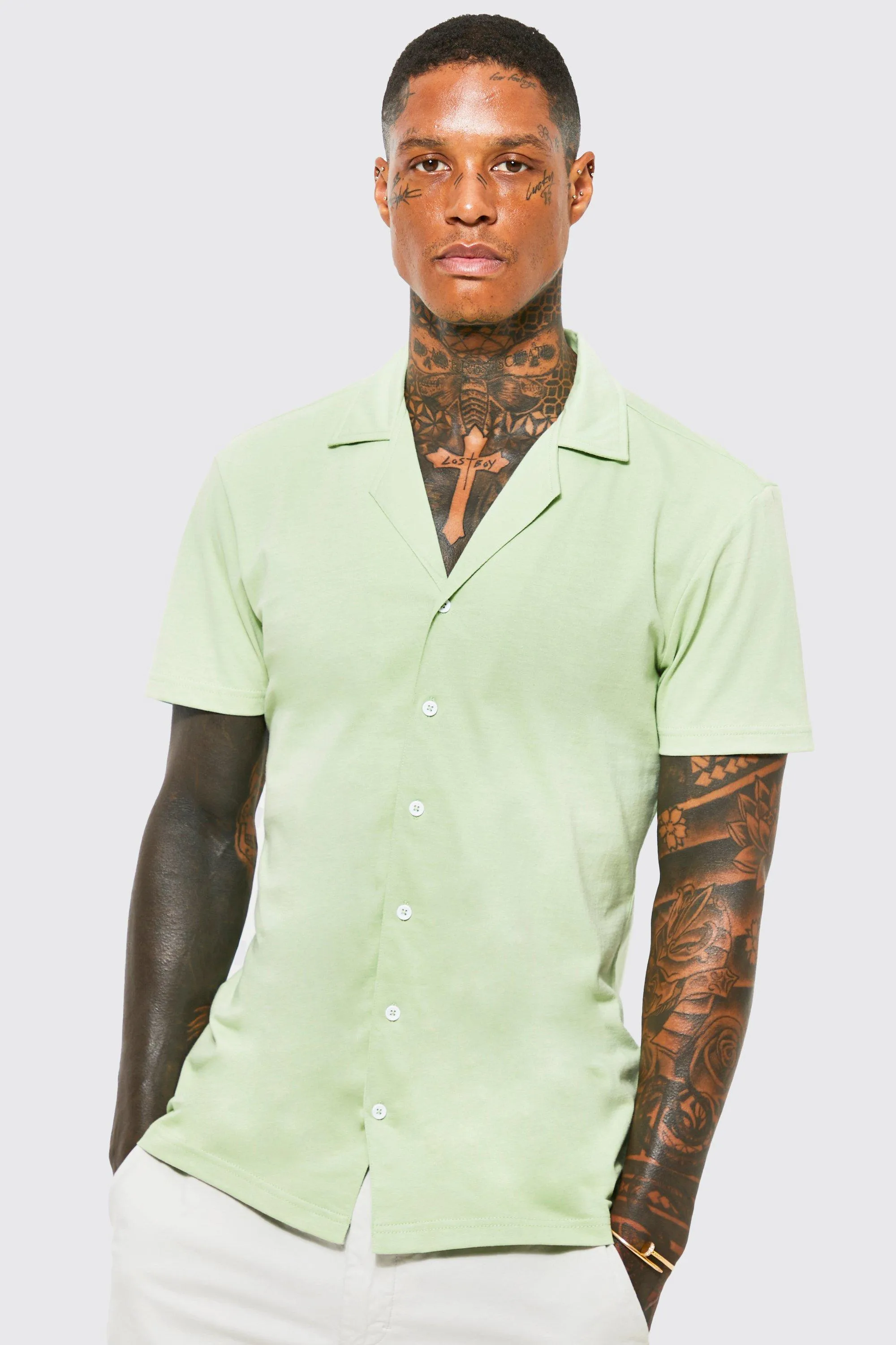 Short Sleeve Revere Slim Jersey Shirt | boohooMAN UK