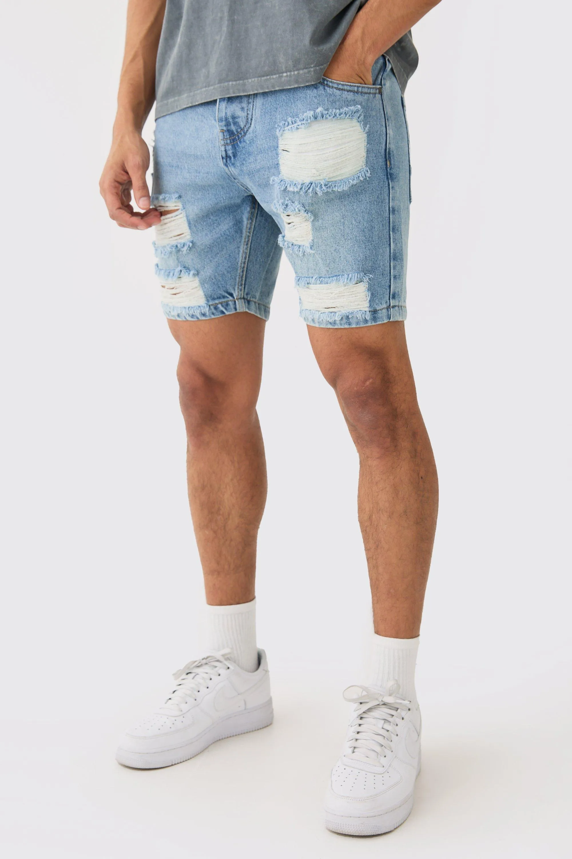 Skinny Ripped Denim Shorts In Light Blue | boohooMAN UK