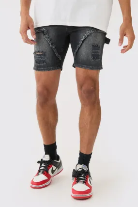 Skinny Stretch Ripped Carpenter Denim Shorts In Washed Black | boohooMAN UK