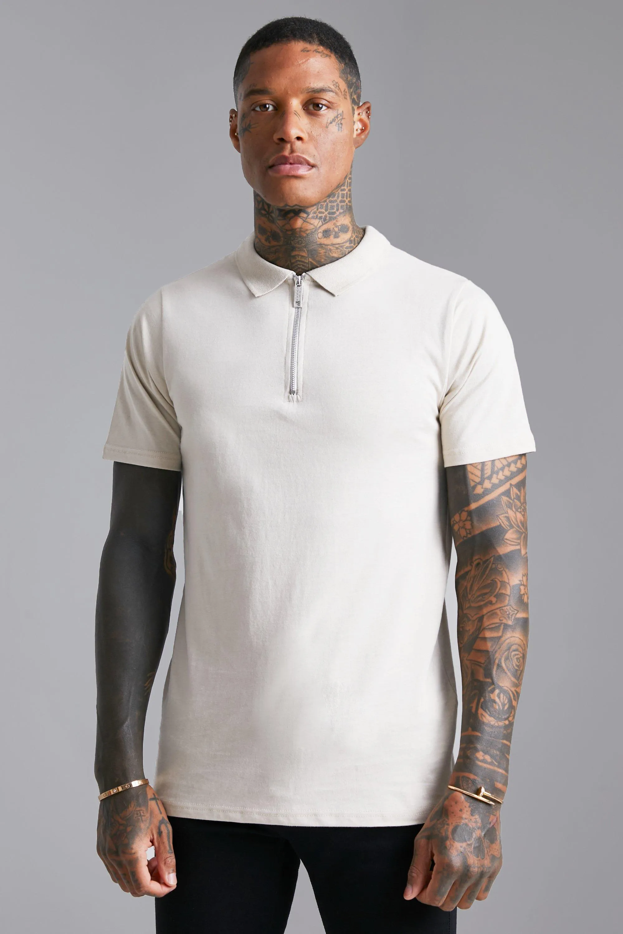 Slim Fit Short Sleeve Zip Polo | boohooMAN UK