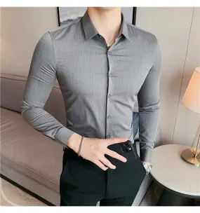 Slim Fit Striped British Style Long Sleeve Embroidery Collar Shirt for Men