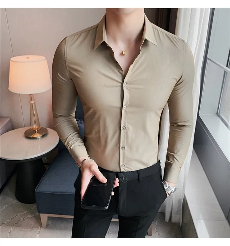 Slim Fit Striped British Style Long Sleeve Embroidery Collar Shirt for Men