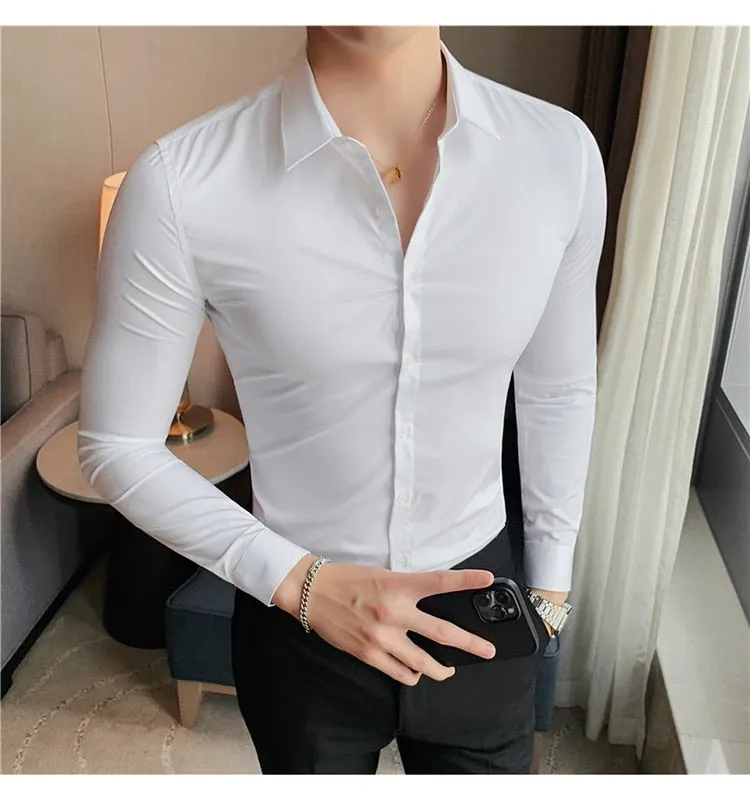 Slim Fit Striped British Style Long Sleeve Embroidery Collar Shirt for Men