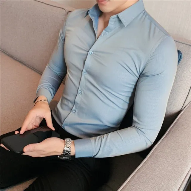 Slim Fit Striped British Style Long Sleeve Embroidery Collar Shirt for Men