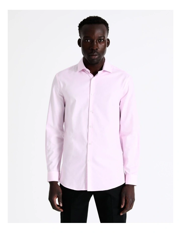 Slim Long Sleeve 1 Colour Dobby Shirt in Pink