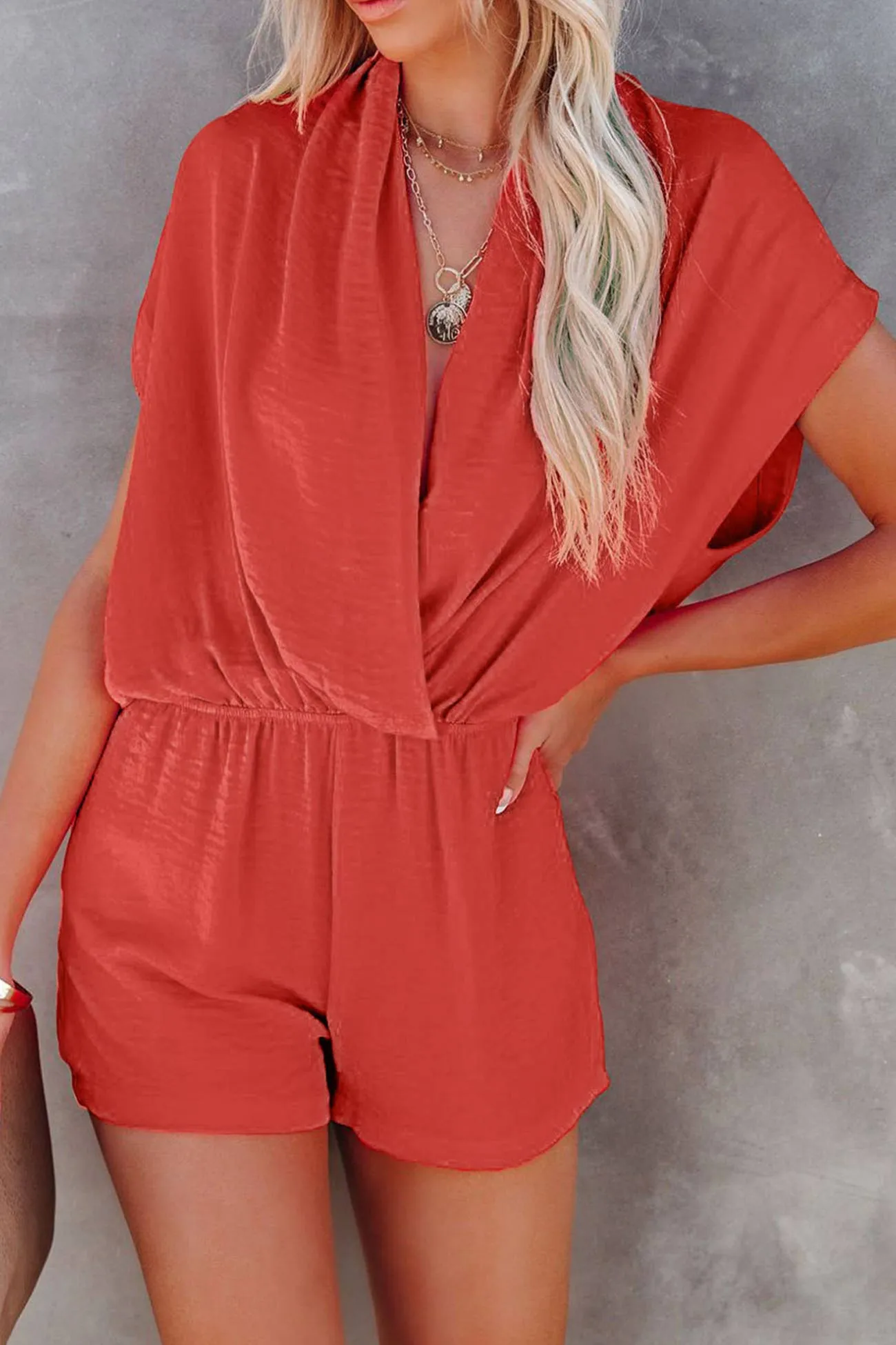 Solid Plunge Neck Short Sleeve Rompers