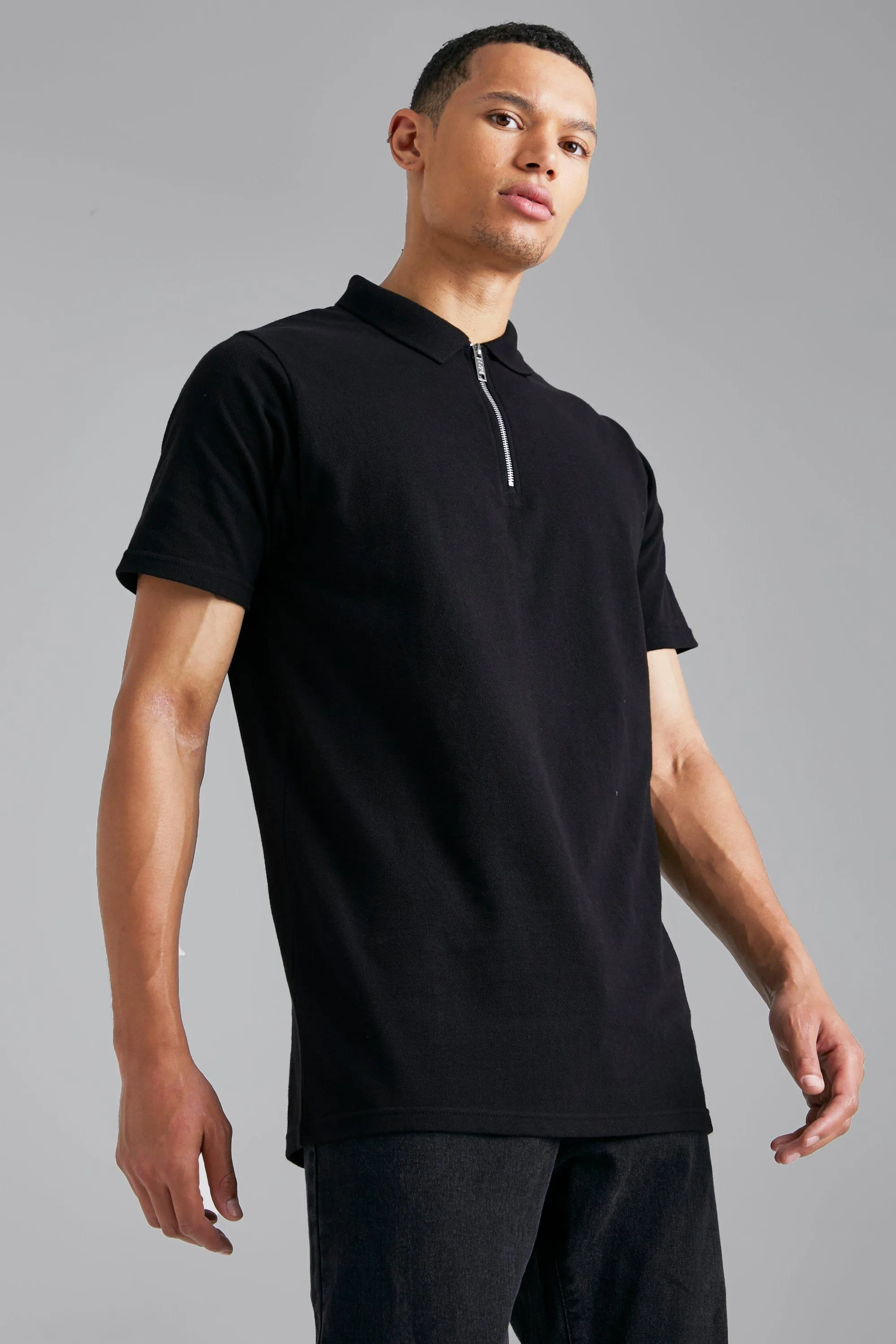 Tall Slim Fit Short Sleeve Zip Polo | boohooMAN UK