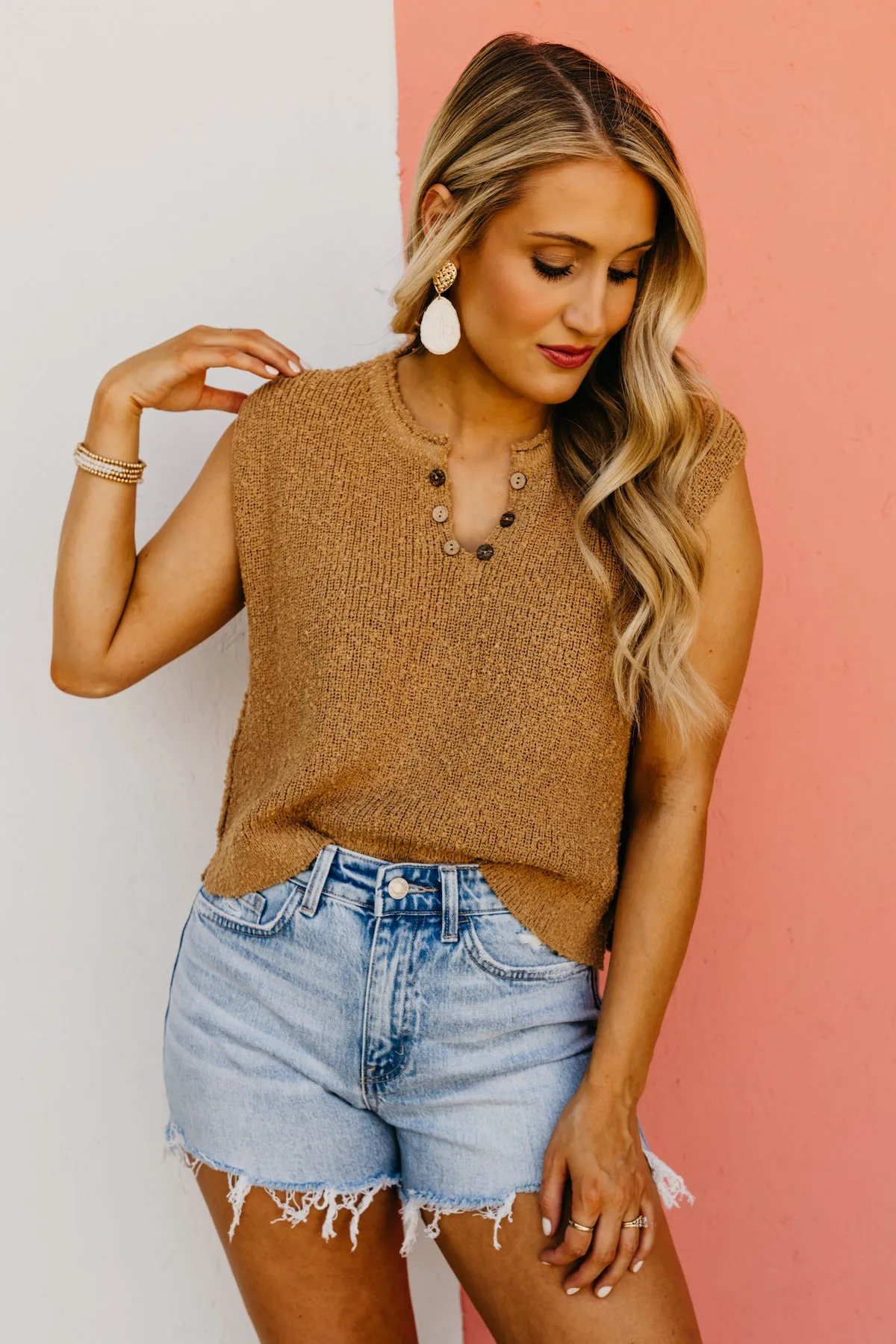 The Cecelia Sleeveless Henley Boucle Sweater