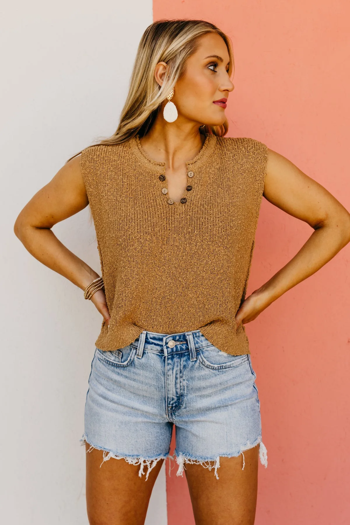 The Cecelia Sleeveless Henley Boucle Sweater