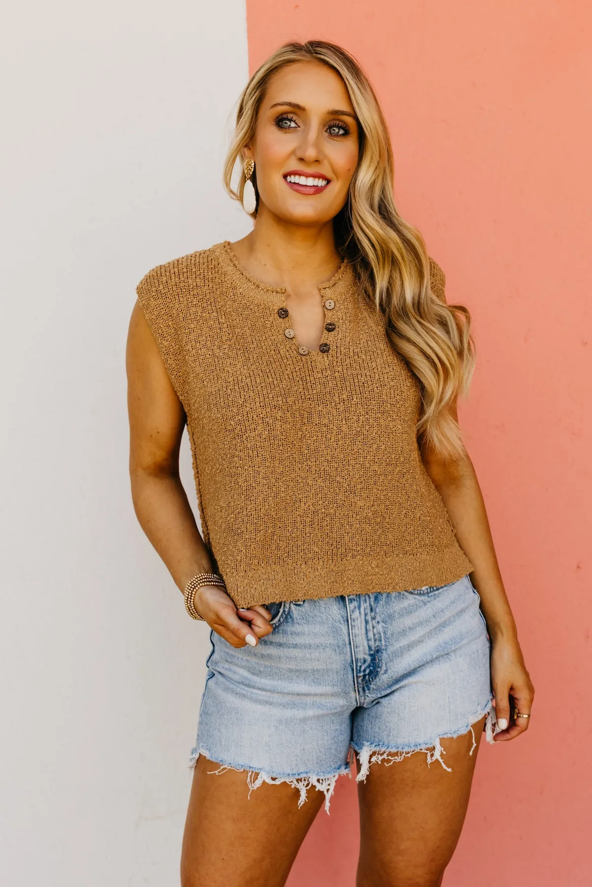 The Cecelia Sleeveless Henley Boucle Sweater