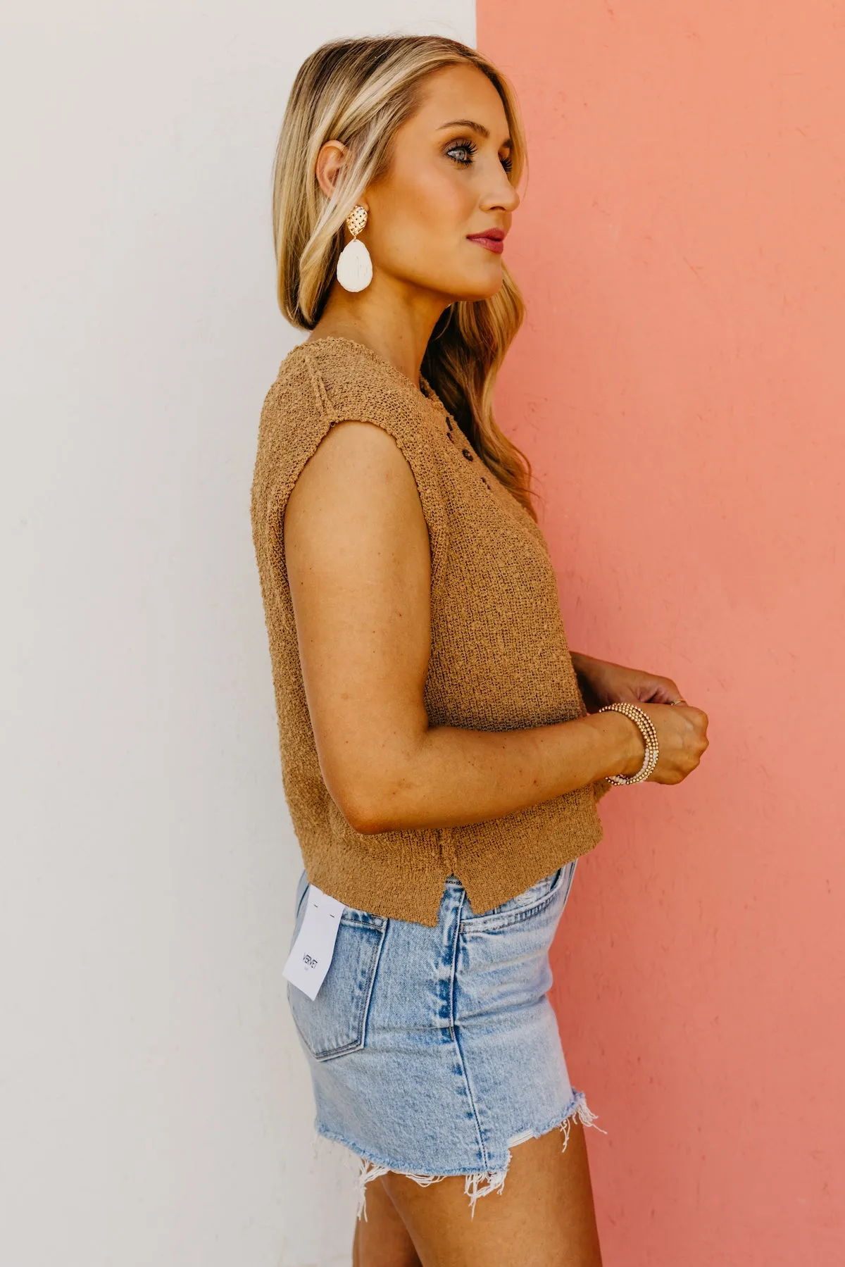 The Cecelia Sleeveless Henley Boucle Sweater