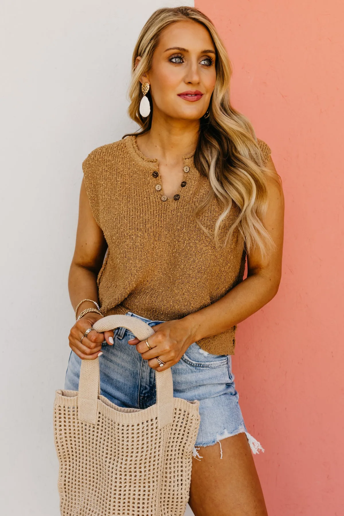 The Cecelia Sleeveless Henley Boucle Sweater