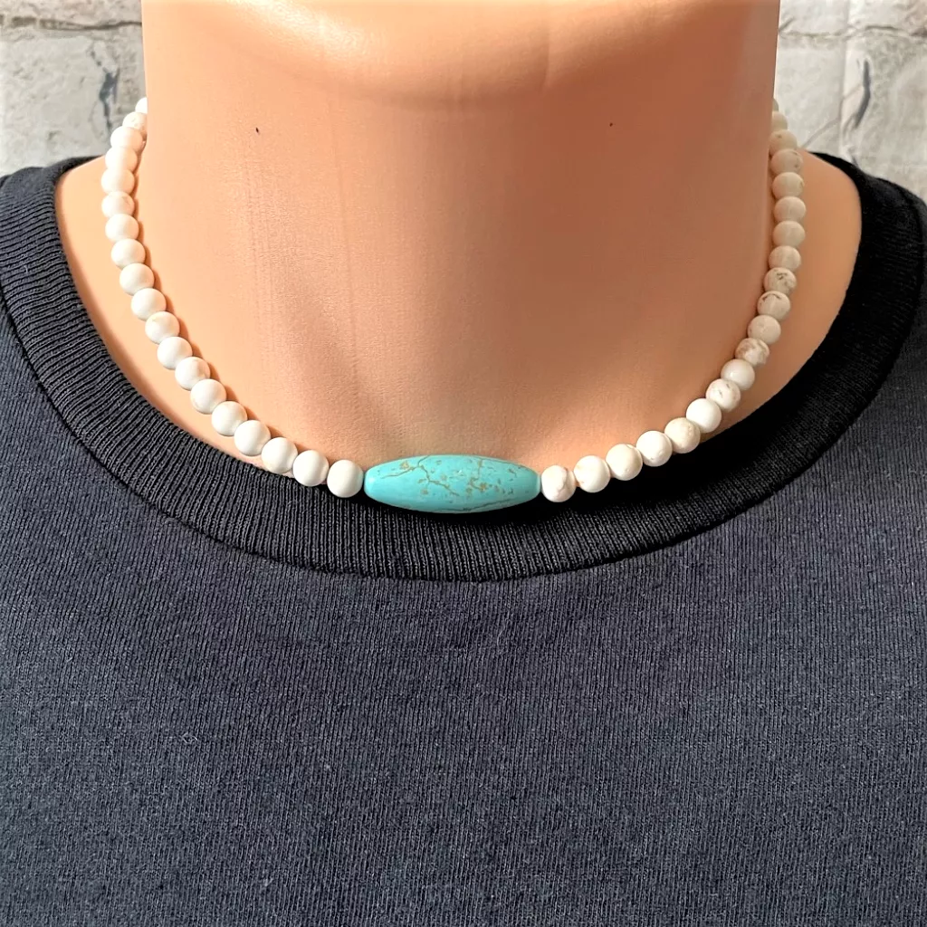 White and Turquoise Magnesite Mens Beaded Necklace